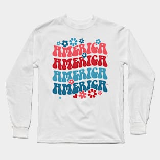 american groovy 4th july America retro patriotic USA Long Sleeve T-Shirt